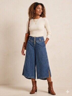 Vintage Blue Dot Wide-Leg Denim Culottes Cropped Gaucho Jeans - 6 - 100% Cotton